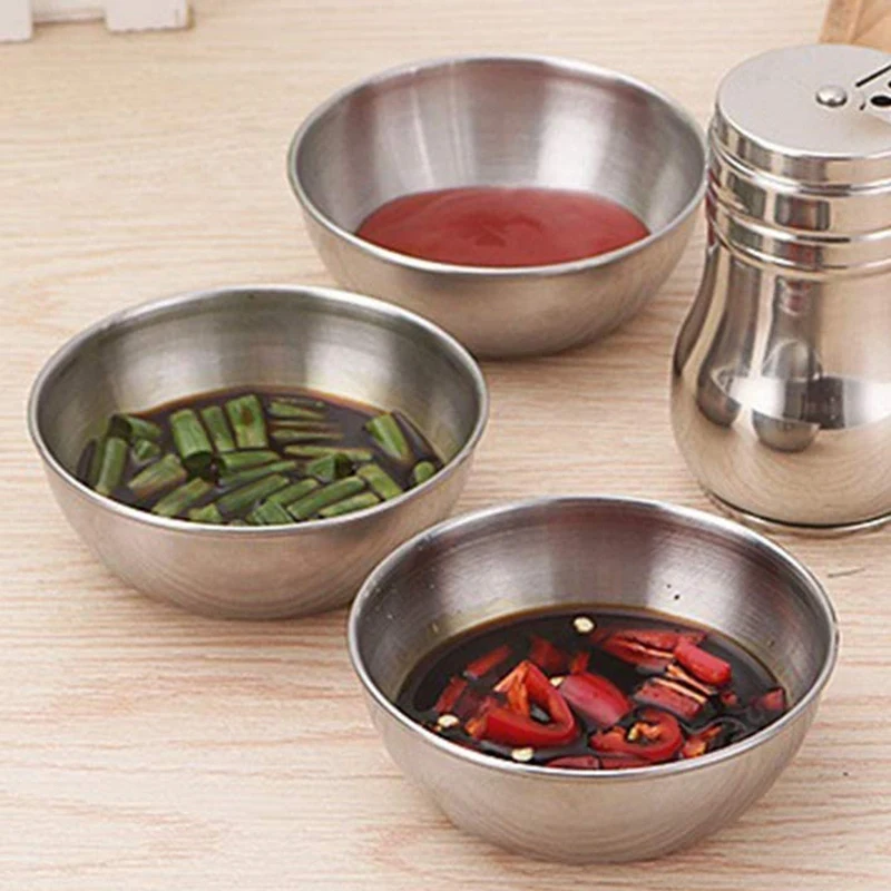 4Pcs Stainless Steel Sauce Dishes Round Seasoning Dishes Sushi Dipping Bowl Saucers Bowl Mini Appetizer Plates