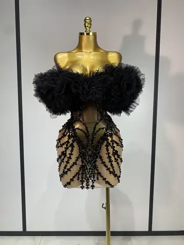 Women Sexy Strapless Backless Black Diamond Mini Dress Evening Party Birthday Costume Nightclub Singer Stage Performance Costume