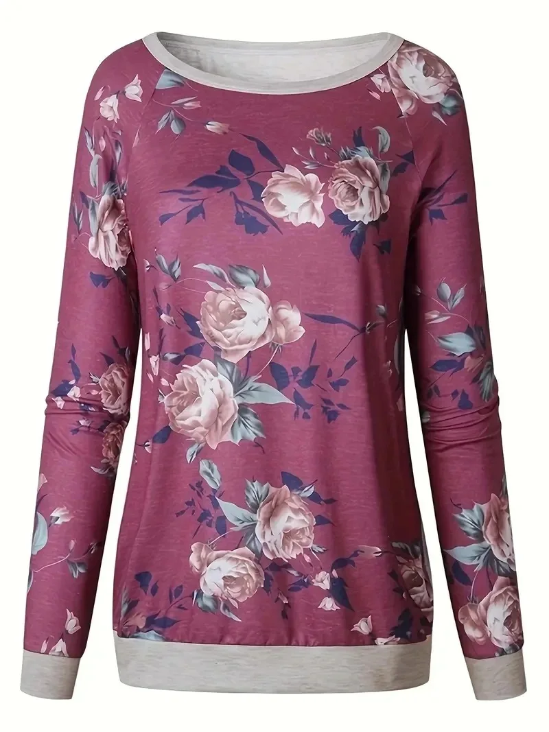 Plus Size 1XL-6XL Women\'s Casual T-shirt Rose Print Long Sleeve Round Neck Slight Stretch Tee