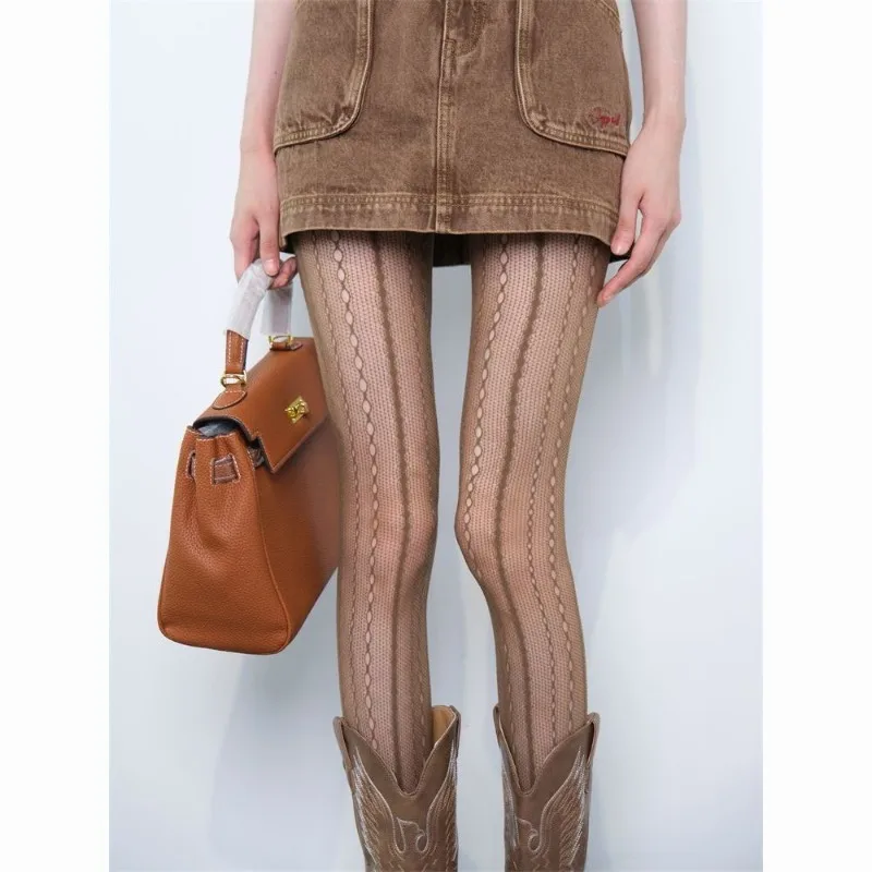 Juspinice Solid Retro Hollow Lace Leggings for Women's Summer Vertical Jacquard Lightweight Fashionable Pantyhose Fishnet Socks