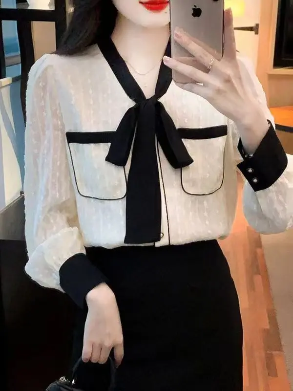 Fashionable Temperament Small Fragrance Style Chiffon Long Sleeved Shirt Women's Bow Color Matching Niche Design Sweet Stylish