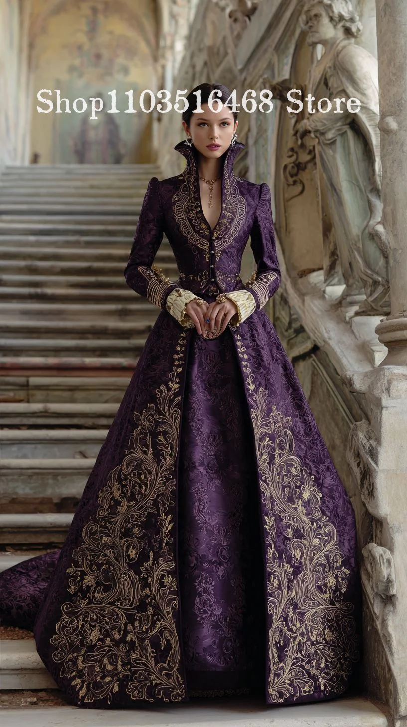 Customised Elegant Purple Vintage Evening Gown Gold Embroidered Ball Gown Long Sleev High Neck Evening Gown Special Occasion Bal