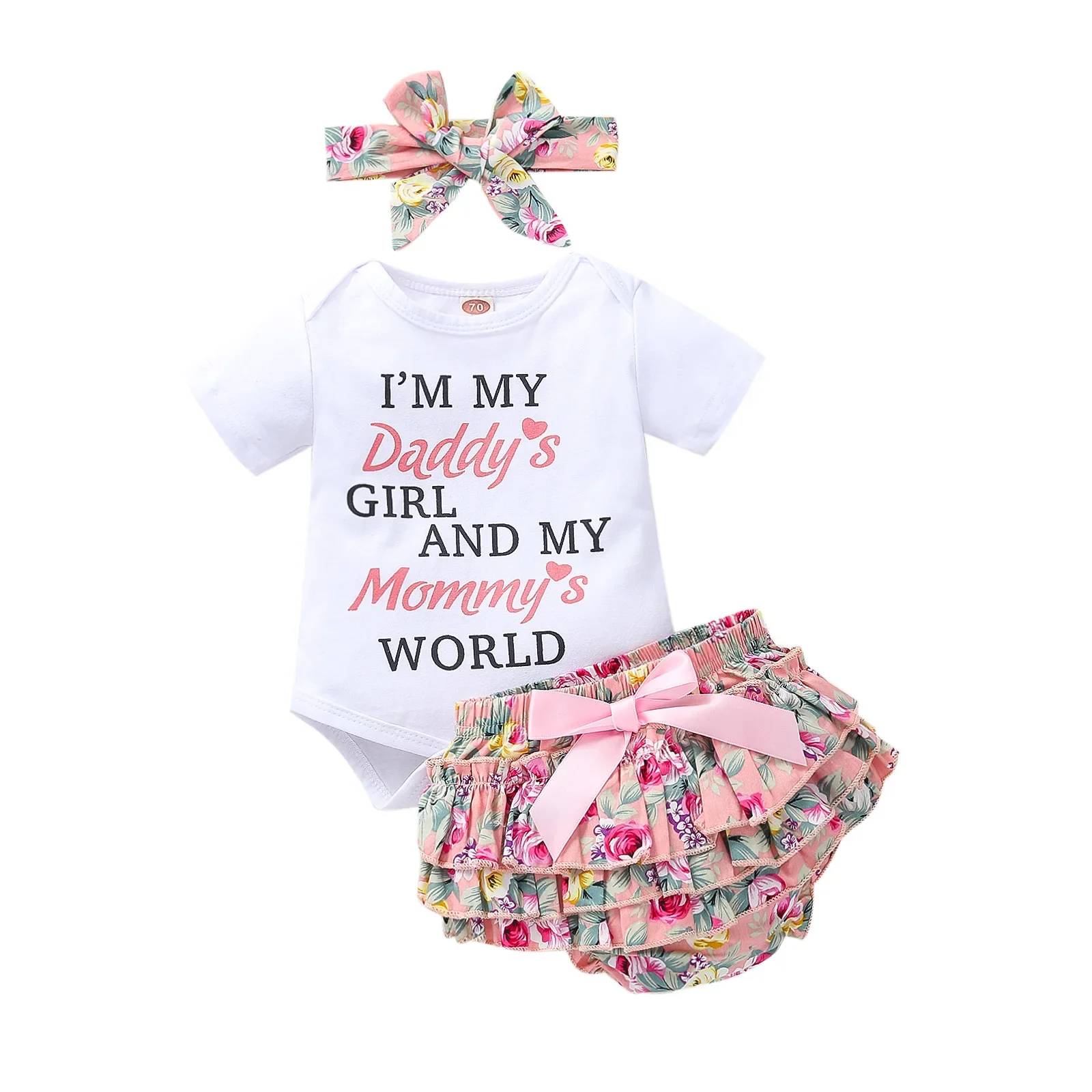 Newborn Daddys Girl Mommys World Print short Sleeve Romper Ruffled Floral Bloomers Shorts With Headband Set Baby Girl Clothes