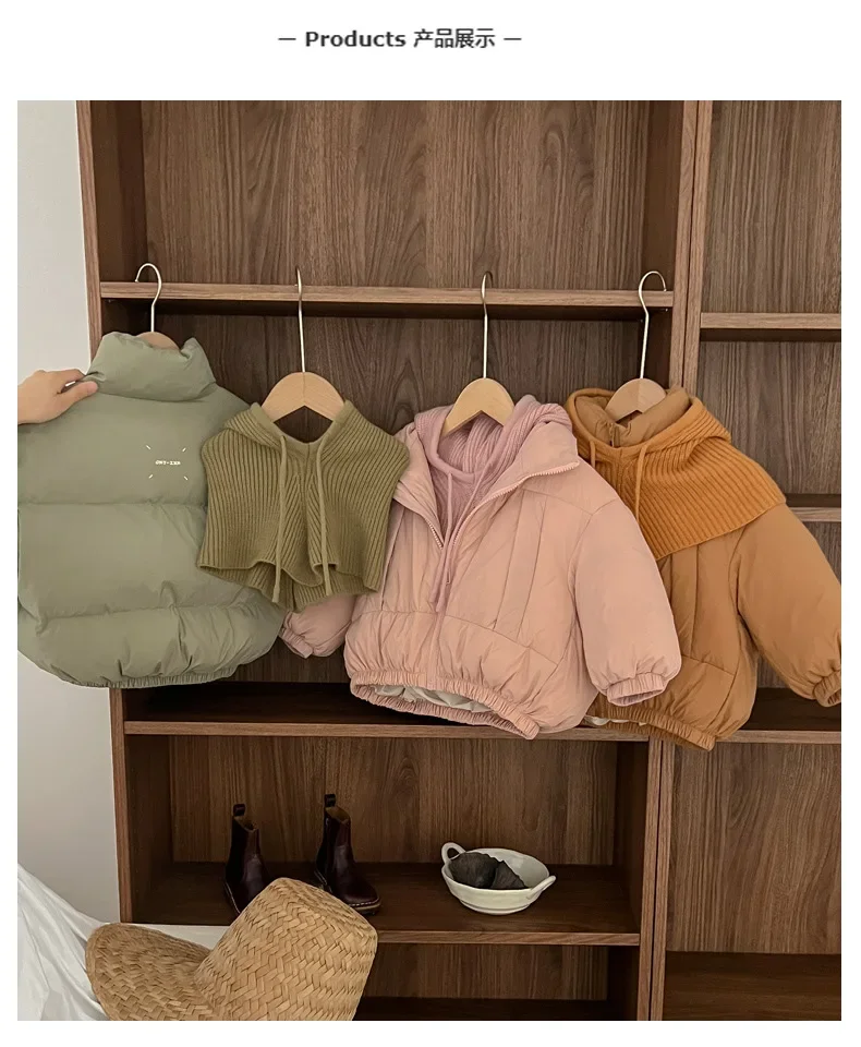 أزياء الشتاء الفتيان والفتيات معطف دافئ بلون مع قبعة محبوكة/وشاح تنوعا سترة مبطنة بالقطن يندبروف أبلى #1