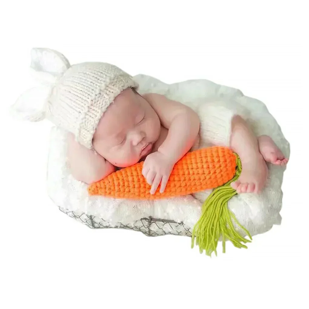 Baby Boy Girl Photo Outfits Knitting Pant Hat Radish Shooting Costume Romper Baby Photoshoot Outfit Newborn Photography Props