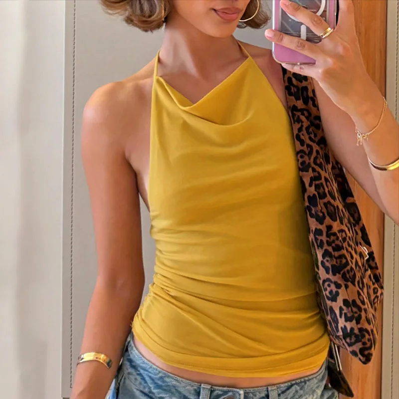 Elegant Solid Color Backless Sheer Mesh Halter Top For Women Stylish and Sexy Fashion Casual Wear Elegant Sleeveless Tank Top
