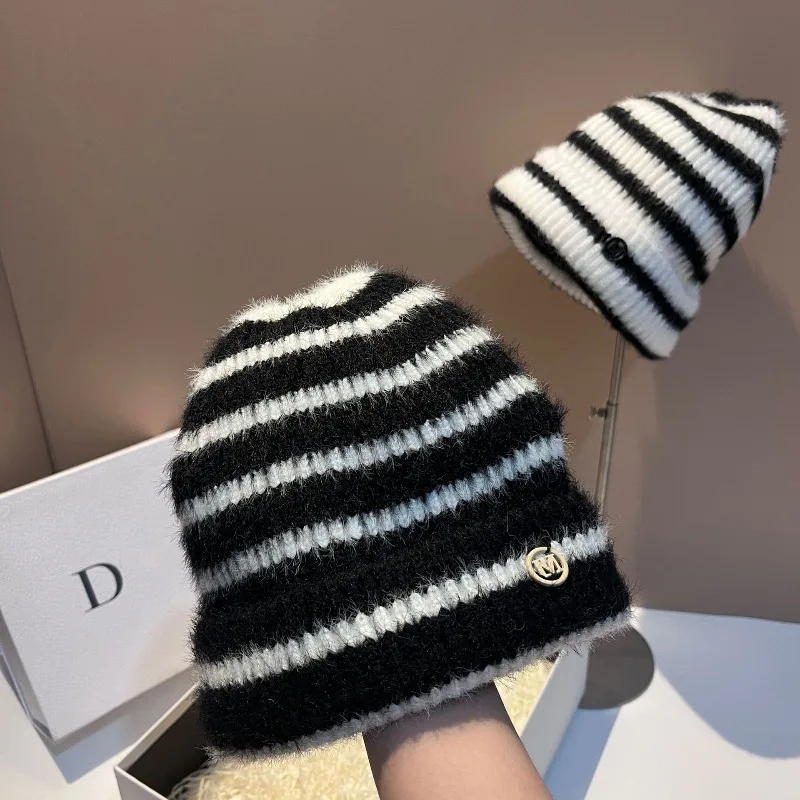 

​​2025 Black White Contrast Soft Knit Hat Women Winter Warm Adjustable Fairycore Casual Beanie Unisex Free Shipping​​