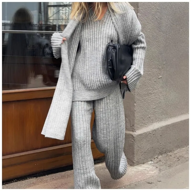 Elegant Knitted Suit Women\'s Long Sleeve Solid Color Casual Women\'s Jacket Pants Suit 2024 New Women\'s Knitted 2-Piece Set