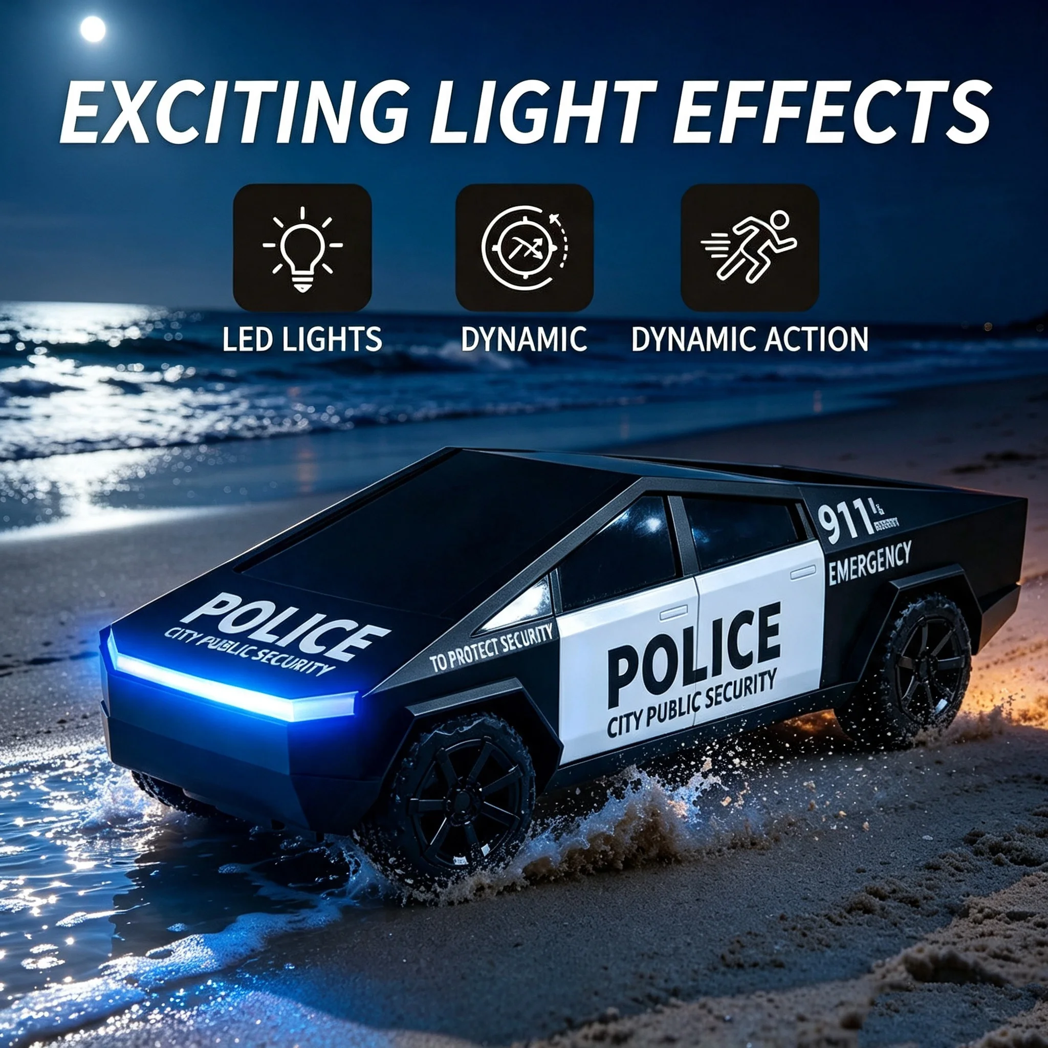 2.4GHz RC Police Cyber Pickup Truck LED Light Dual-Motor All-Terrain Off-Road Rechargeable Vehicle Gift for Kids 6+