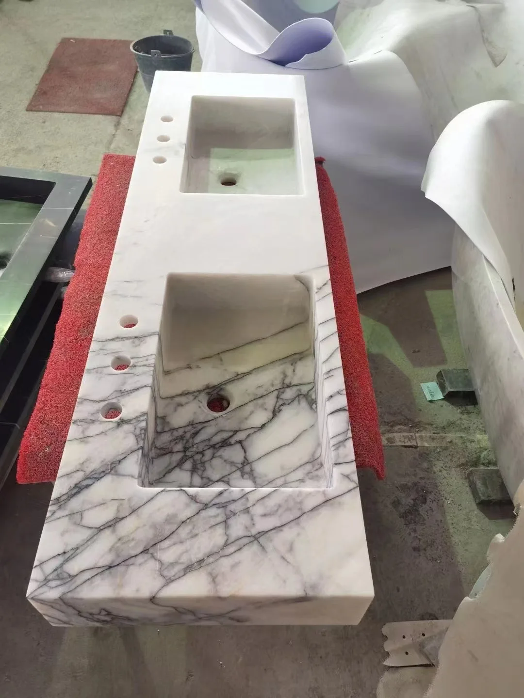 Minimalist design carved New York white marble double vanity with bathroom sink