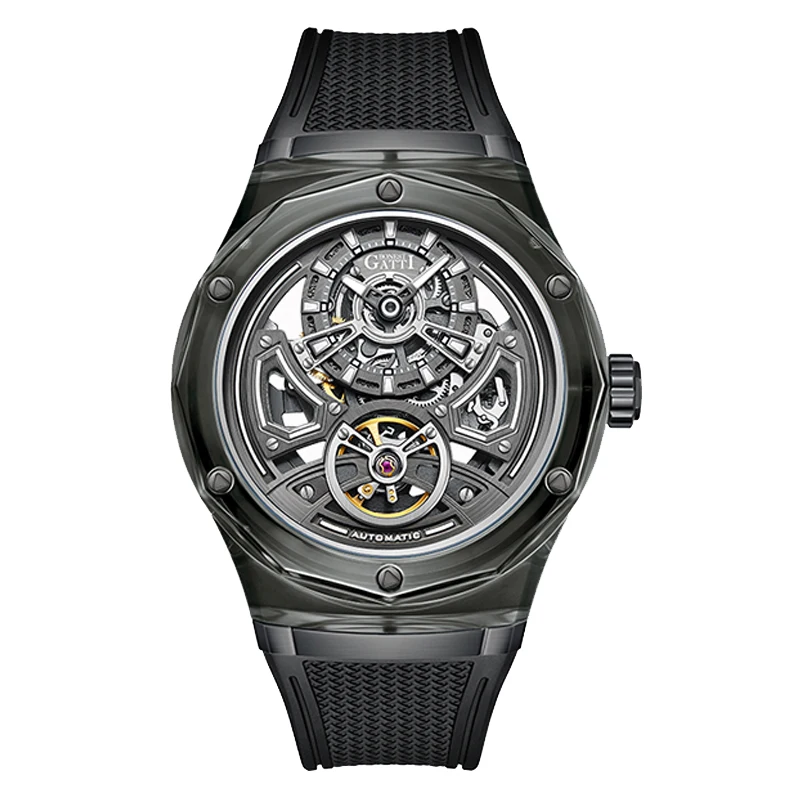 BONEST GATTI Мужские автоматические часы 45 мм Механические наручные часы Акриловый корпус Сапфировый светящийся ремешок из фторкаучука Скелетонизированный циферблат