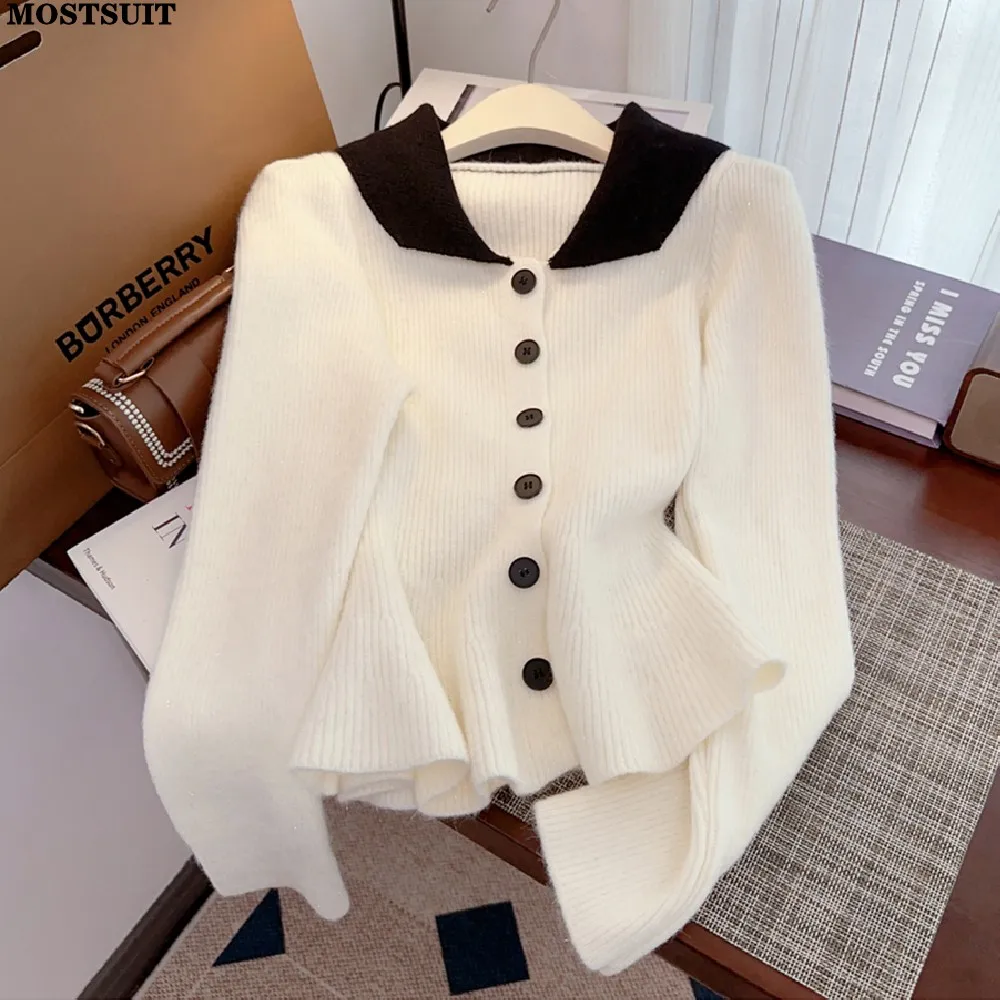 Korean Elegant Knit Cardigan Sweater For Women Color-blocked Single-breasted Knitwear Jumpers 2024 Autumn Long Sleeve Ladies Top