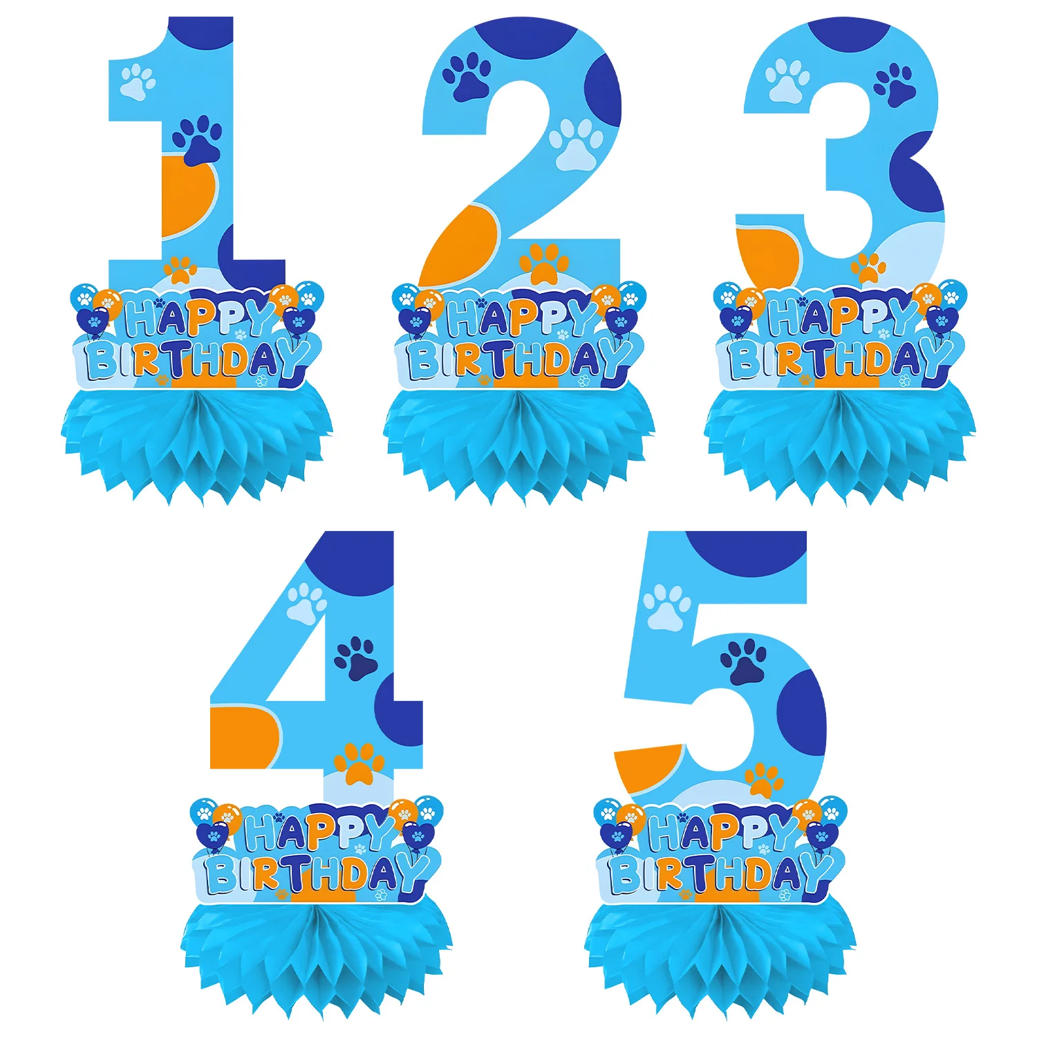 Centre de table numérique en nid d'abeille avec empreinte de patte de chien bleue pour anniversaire d'enfants, fête prénatale, fête sur le thème des animaux, décoration et souvenir