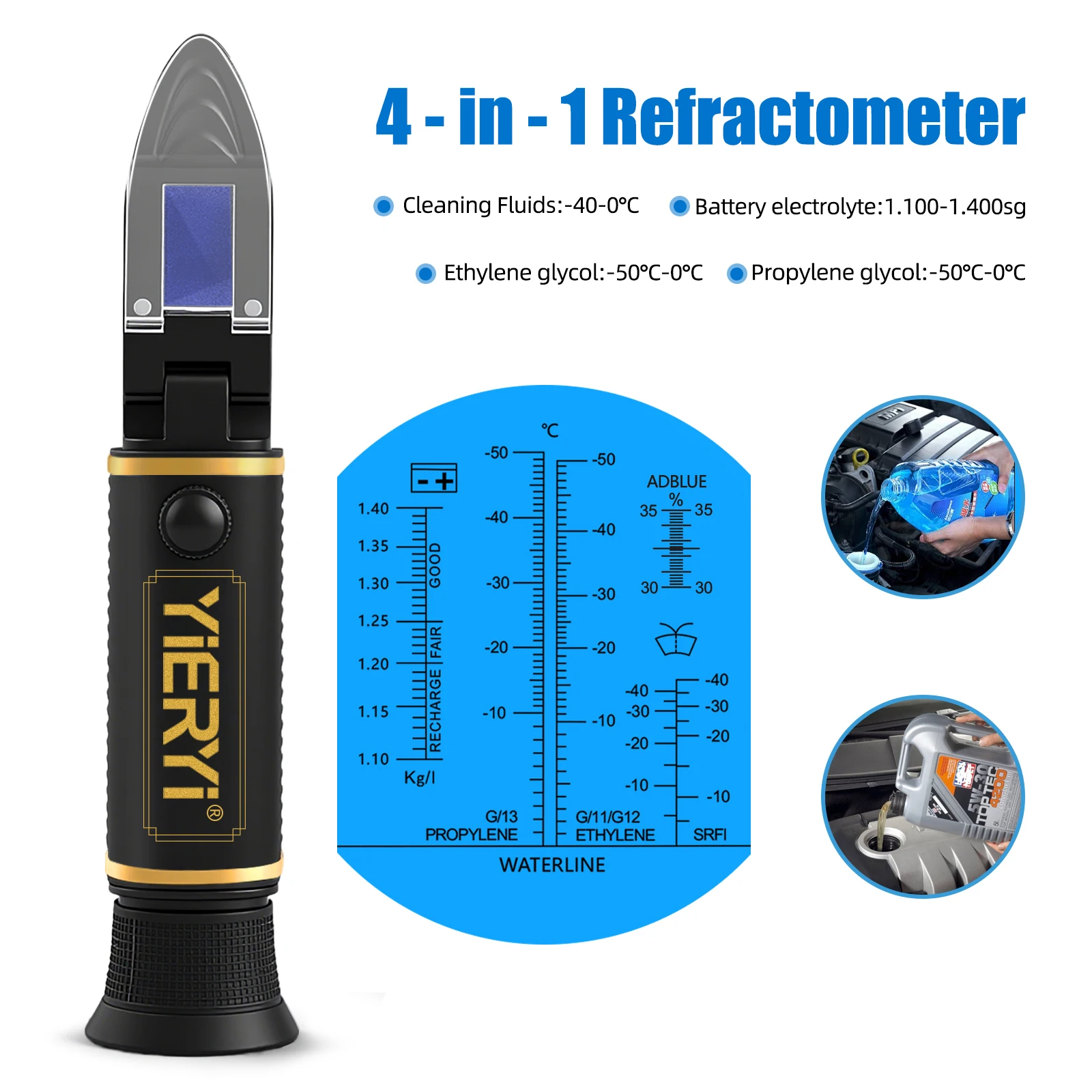 Yieryi 4-in-1 Car Antifreeze Refractometer Ethylene Propylene Glycol Freezing Point Battery Acid Tester Liquid Cleaning Tool ATC