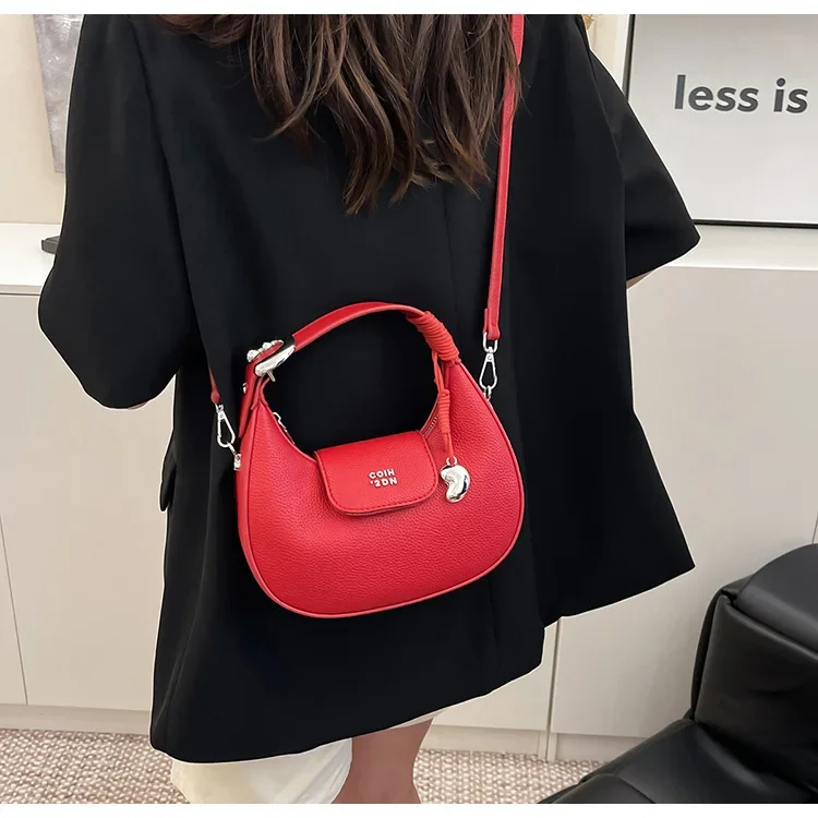 

2025 New! Women's Simple Lychee Pattern Crescent Moon Dumpling Shoulder Bag - Versatile Messenger for Work Commuting
