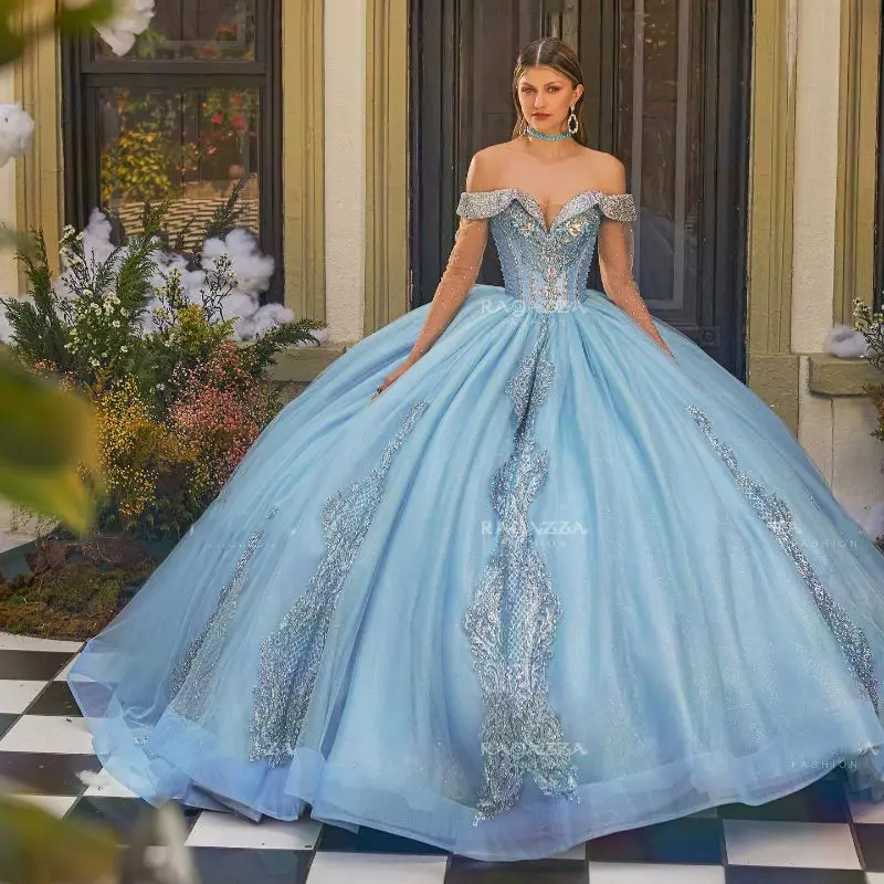 

Sky Blue Shiny Princess Off The Shoulder Ball Gown Quinceanera Dresses Applique Lace Beads Tull Sweet 16 Dress Vestidos De XV 15