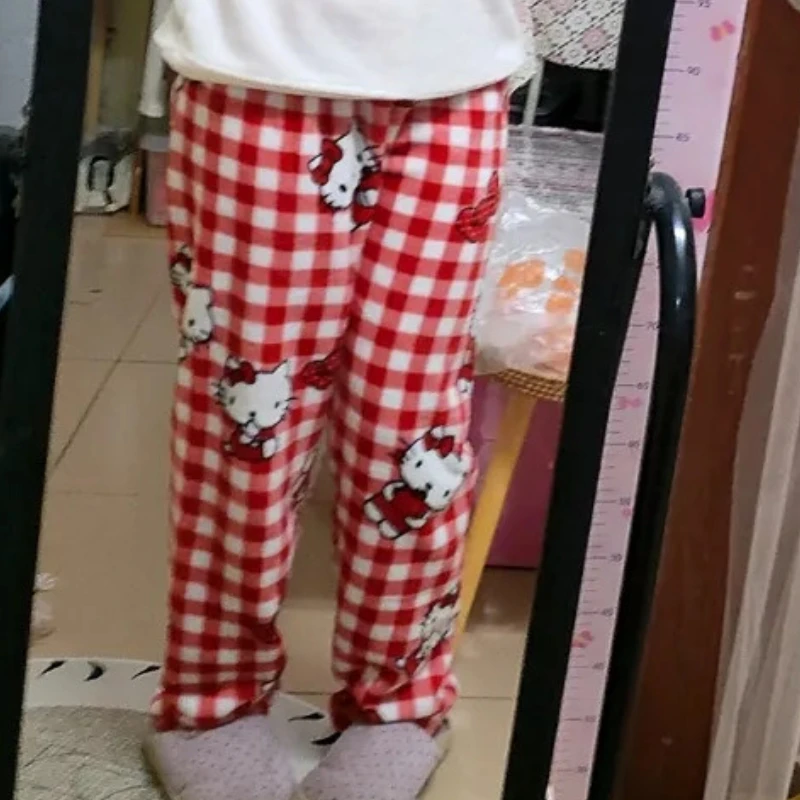 Sanrio Hello Kitty Flannel Trousers Autumn and Winter Thickened Velvet Warm Girls Home Pants Cartoon Soft Coral Velvet Pajamas