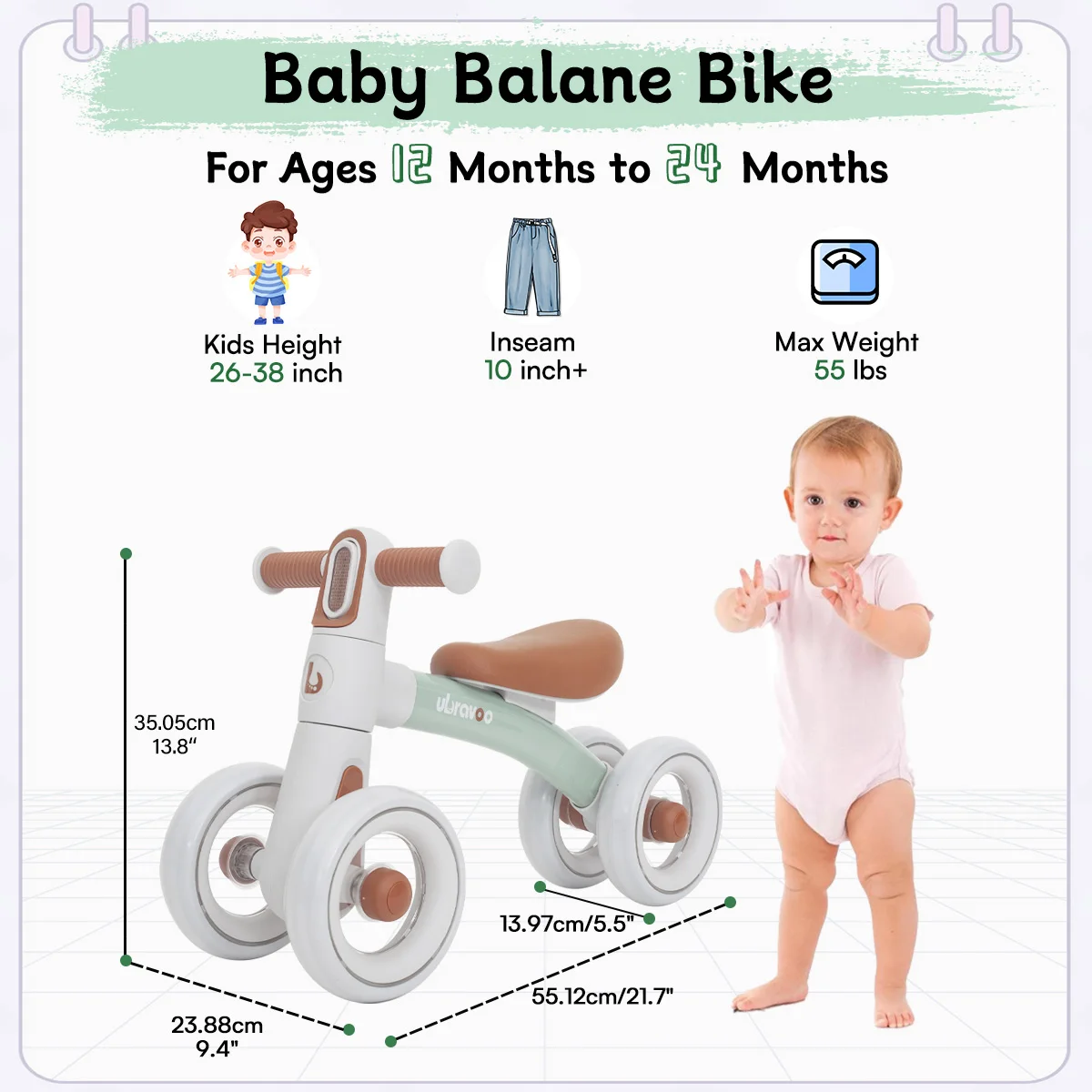 Bicicleta de equilibrio de bebé para niños y niñas de 1, 2 y 3 años, 4 ruedas, bicicleta de equilibrio para niños pequeños