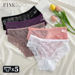 FINETOO 5PCS Women's Perspective Lace Panties Sexy Hollow Out Underwear Briefs Female Solid Color Lingerie Floral Intimates S-XL