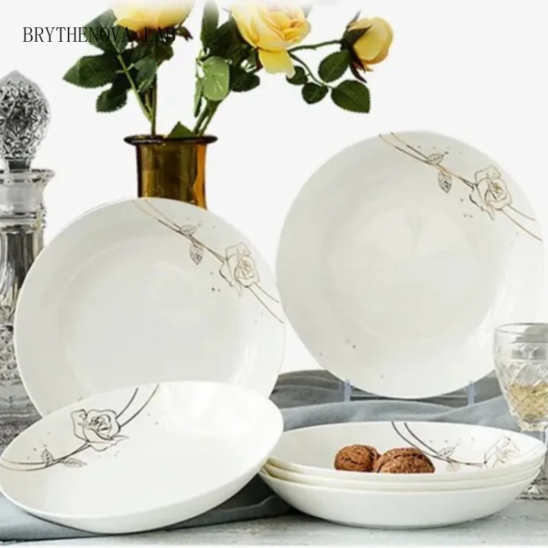 4pcs Set 8 Inch Bone China Dinner Plates Golden Porcelain Rose Plates for Food Ceramic Dishes Serving Plate Set
