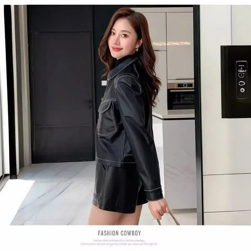 leather jacket Spring and Autumn Leather Jacket, Flip Collar, Single breasted, Women's Short Style, Slim Fit, Look Thin Fashion