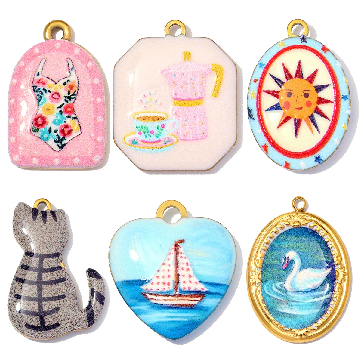 3pcs/Lot Stainless Steel Enamel Cat Swan DIY Earring Charms Sun Swimwear Necklace Pendants Woman Sail Boat Cup Jewelry Wholesale