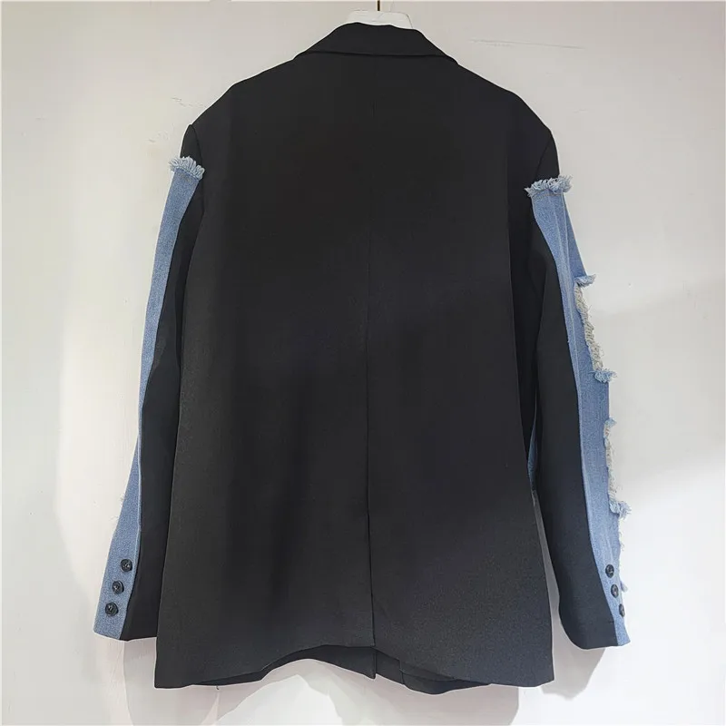 SuperAen 2026 Autumn New American Retro Contrasting Patchwork Notched Loose Denim Jacket for Women's Blazer Tops