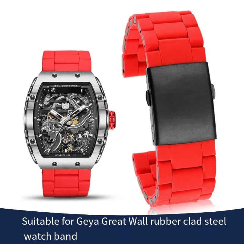 26mm 28mm silicone clad stainless steel strap for Gaya Seven Fridays Die-sel DZ7370 DZ7430 DZ7396 DZ4318 DZ4289 Red black strap