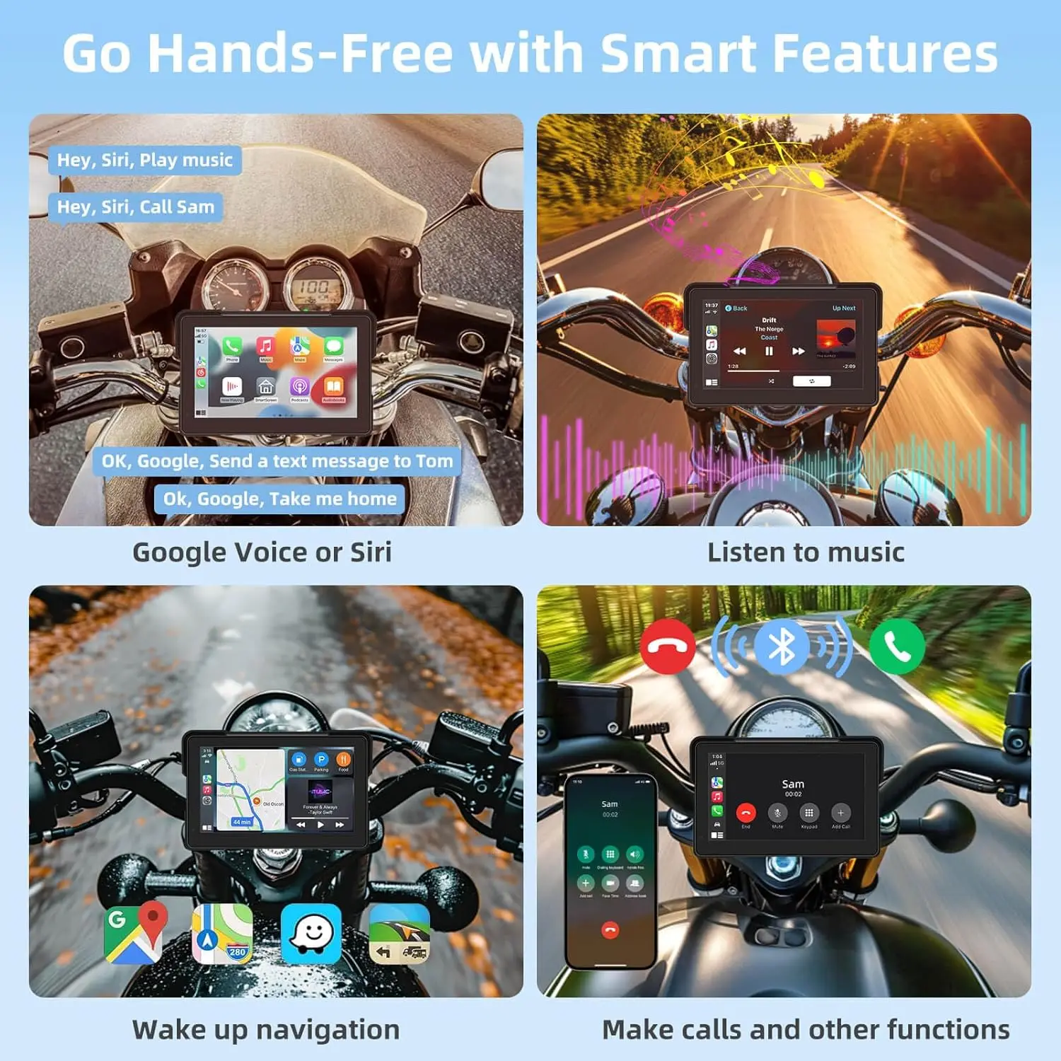 Navigazione GPS per moto wireless da 7 pollici CarPlay e Android Auto, schermo portatile impermeabile con doppio Bluetooth, controllo vocale,