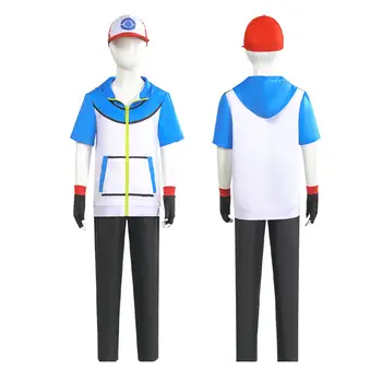 vuxna barn Ash Ketchum Anime Trainer Cosplay Traje para homes e mulheres, jaqueta azul, boné e luvas, Halloween cosplay 10 best sales Ash costume - №5