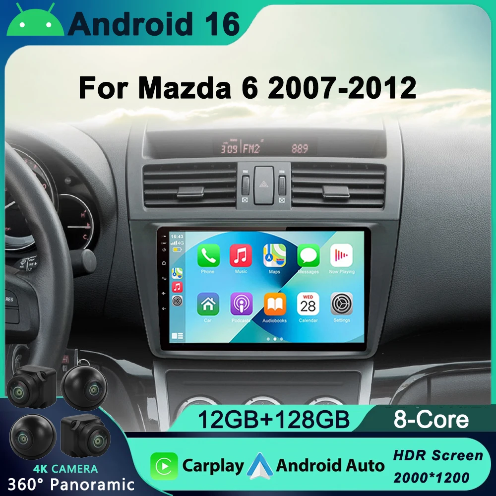 

12+128GB 2 din Android 16 Carplay GPS Car Radio for Mazda 6 Rui wing Mazda 6 GH 2008-2015 AutoRadio Multimedia Video Player