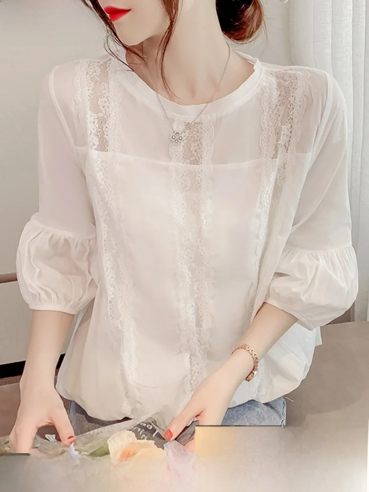 Fashionable Long Sleeve T-Shirt Women's Spring Autumn New Style Seven Sleeve Top Lace Base Small Shirt Summer Trendy Bubble S...
