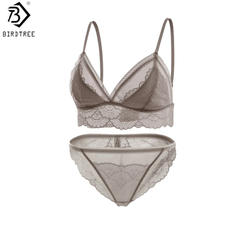 Birdtree, Real Silk Bra Brief Set, Women Triangle Cup Underwear, Low Waist Brief, Lace Elegant Sets, 2026 Spring New A61815JF