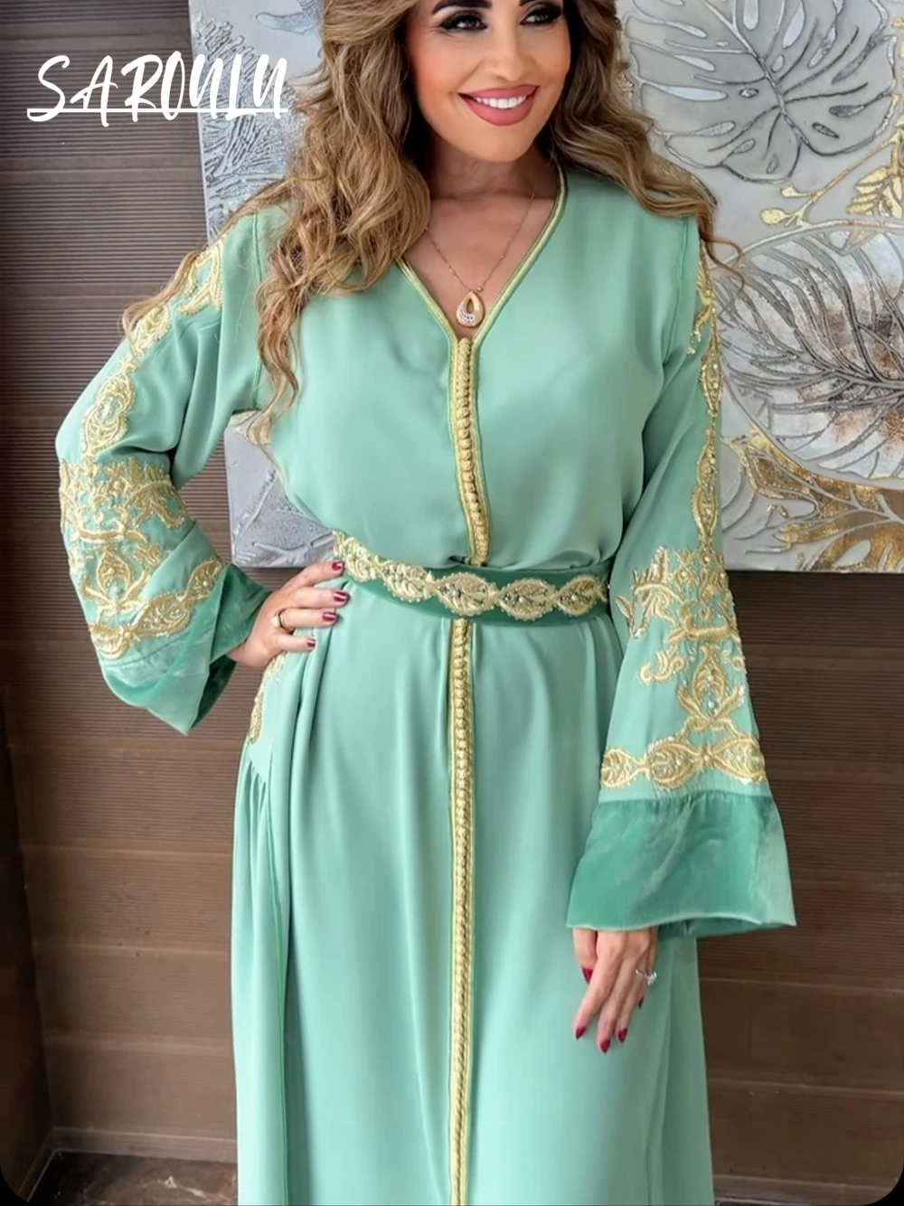 Kaftan V-neck Appliques Gown Moroccan Women Long Sleeve Evening Dress Caftan A-line Bridal Dresses Custom Made Vestidos De Gala