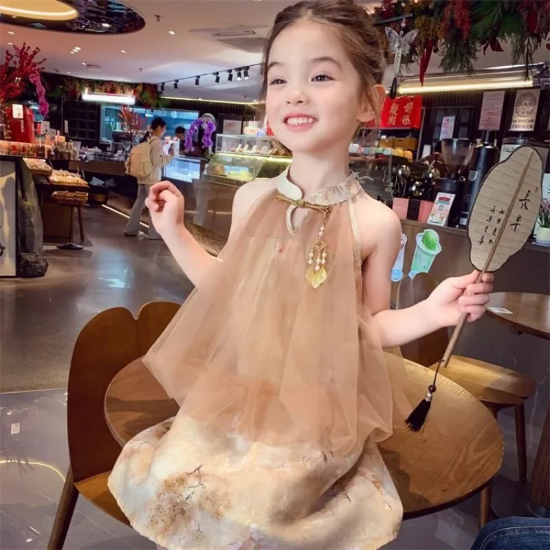 Girls' Summer Cheongsam Dress Neck Hanging Mesh Vest Outfit 2026 New Children's Dress Traditional Korean Clothing