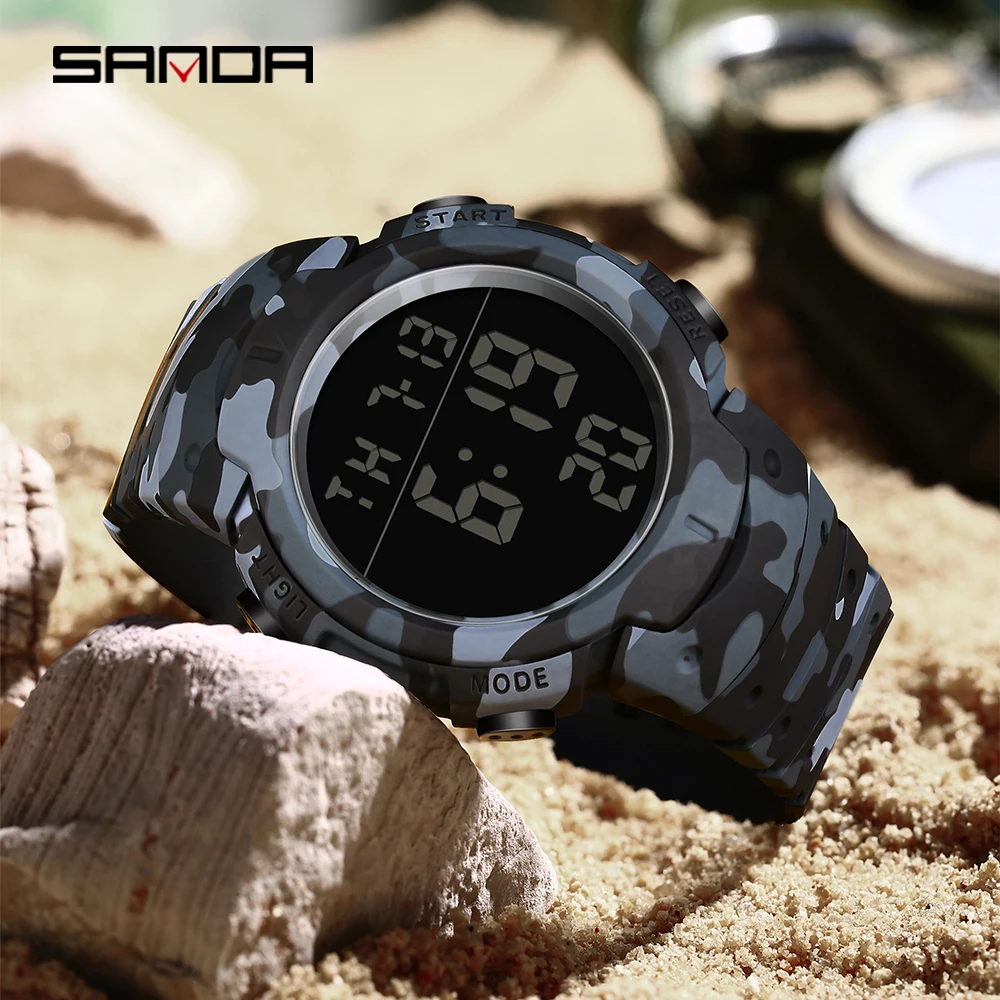 SANDA جديد 2182 ساعة إلكترونية بشاشة واحدة للرجال سلسلة كامو متعددة الوظائف موضة كول مقاوم للماء ساعة رجالي إلكترونية