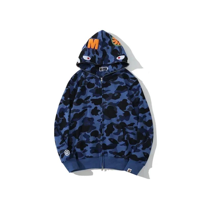 100% Cotton Trendy Shark Camouflage Zippered Hoodie for Men and Women Fine Embroidery Loose Fitting Pure Cotton Plush Hooded Ca