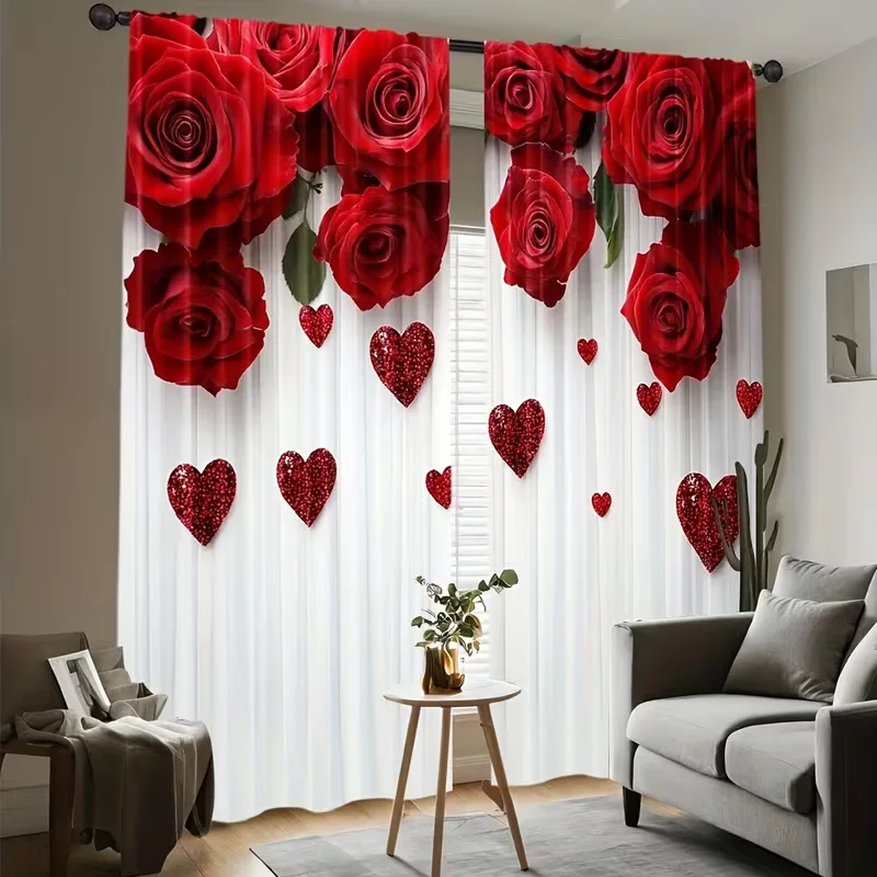 2 cortinas transparentes con forma de corazón y purpurina de rosa roja, cortinas de ventana con estampado romántico de San Valentín para decoración de dormitorio y sala de estar