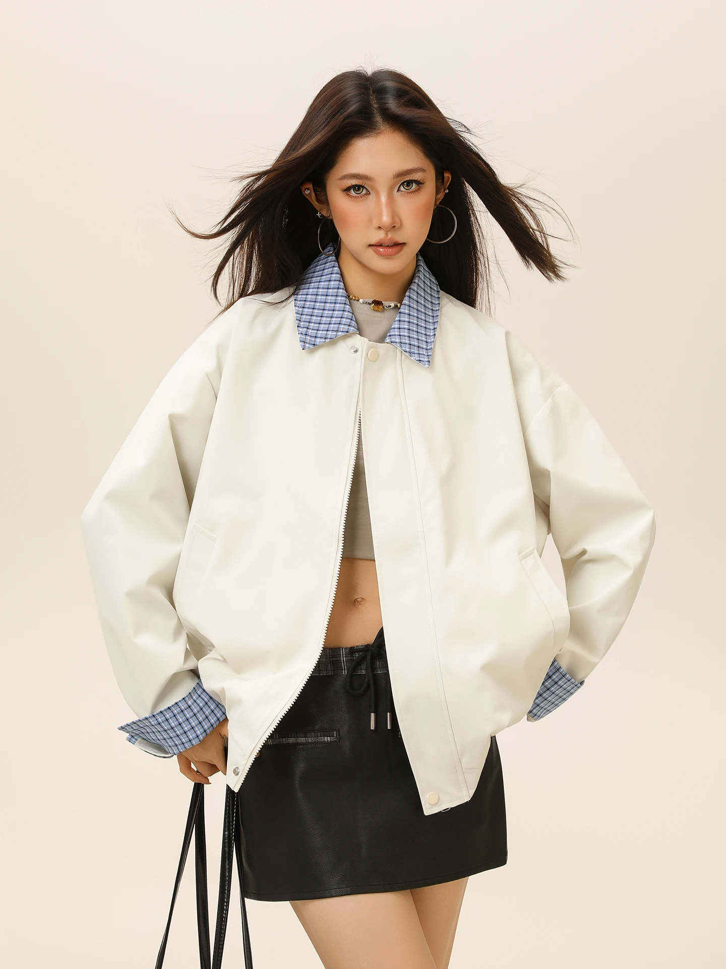 

American Retro Plaid Splicing Collar Jaet Loose Casual Outerwear for Men And Women Youth ular Autumn Season Outerwear