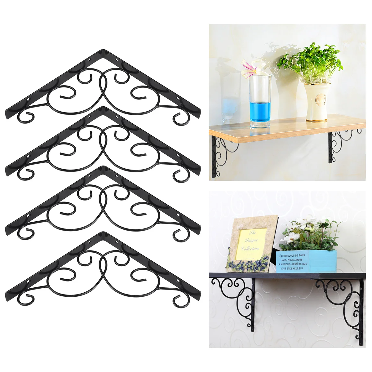 

4Pcs Iron Wall Mount Shelf Brackets Vintage Floral Heavy Duty Bookrack Clapboard Stb Holder Support