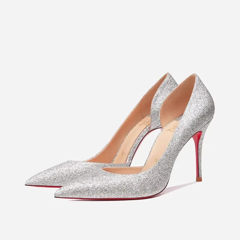 

HLTINO Women Fashion Silver High Heels Side Open Bling Ladies Spring Summer Pumps with Pointed Toe Sexy Red Bottom Shoes