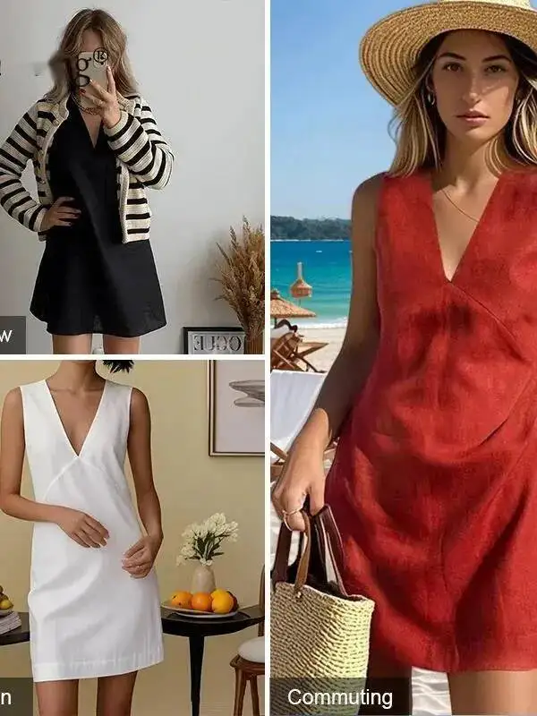 Leinen Sommer Damen Kleider Sexy V-Ausschnitt ärmelloses Basic Tank Kleid Elegante Partykleider Chic Boho Rotes Sommerkleid