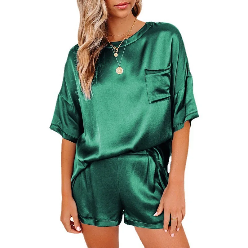 Women's New Solid Color Imitation Silk Sleepwear Short Sleeved Shorts Irregular Two-piece Set Solid Color Home Set