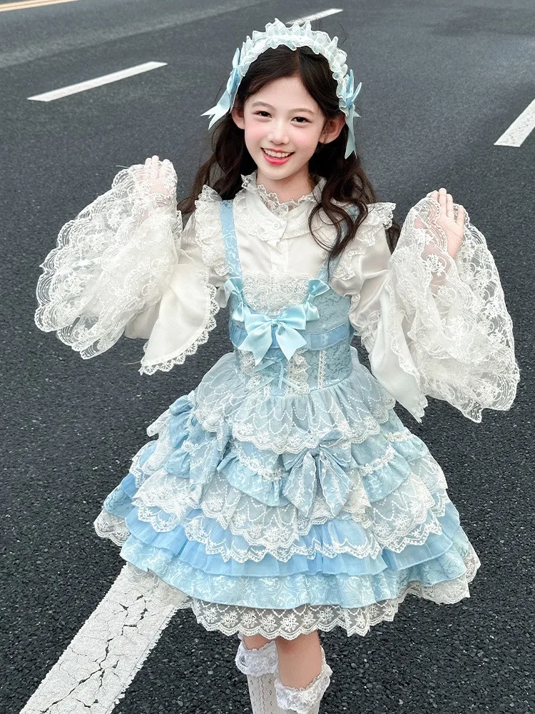 Girls Sweet Lolita Halter Dress With Layered Lace Trumpet Sleeved Shirt Girls Elegant and Gorgeous Clothings 5-15Y