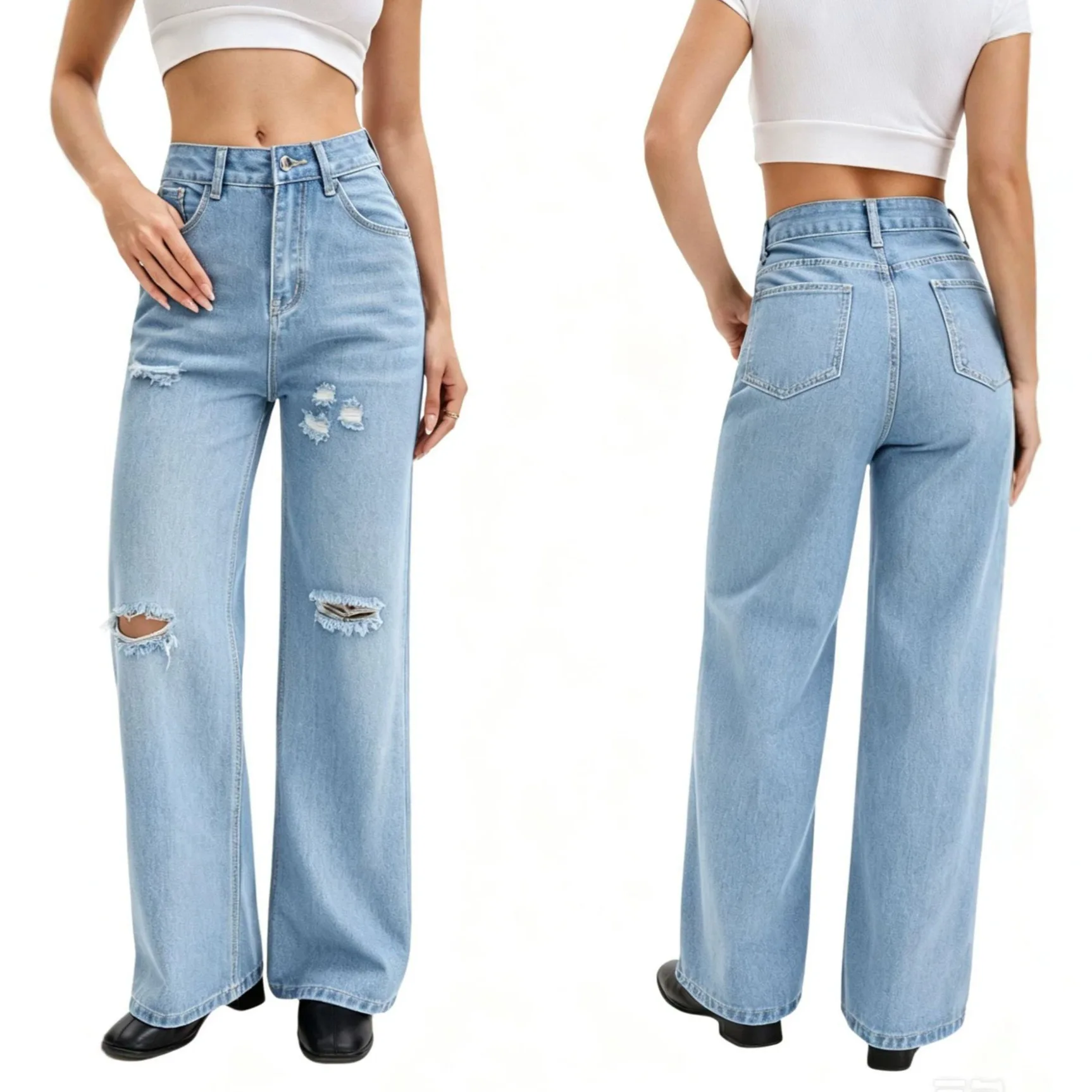Women's Clothing Jeans Clear And Loose Ripped European And American High-waisted Jeans Women's Loose Straight JEAN Commute Casua