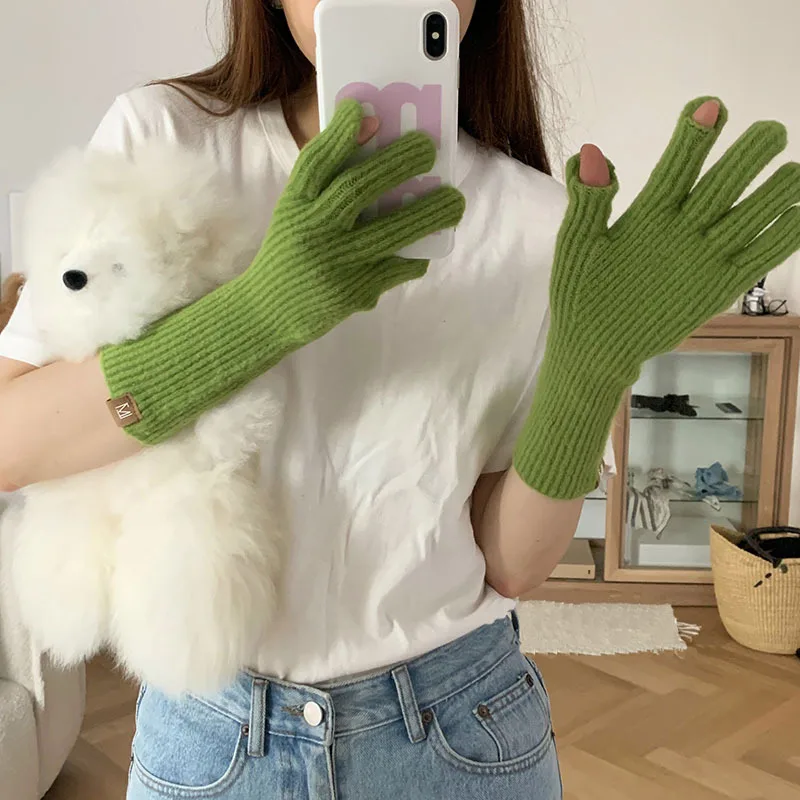 女性用暖かいタッチスクリーン対応指手袋、冬用ニットウール製五本指手袋