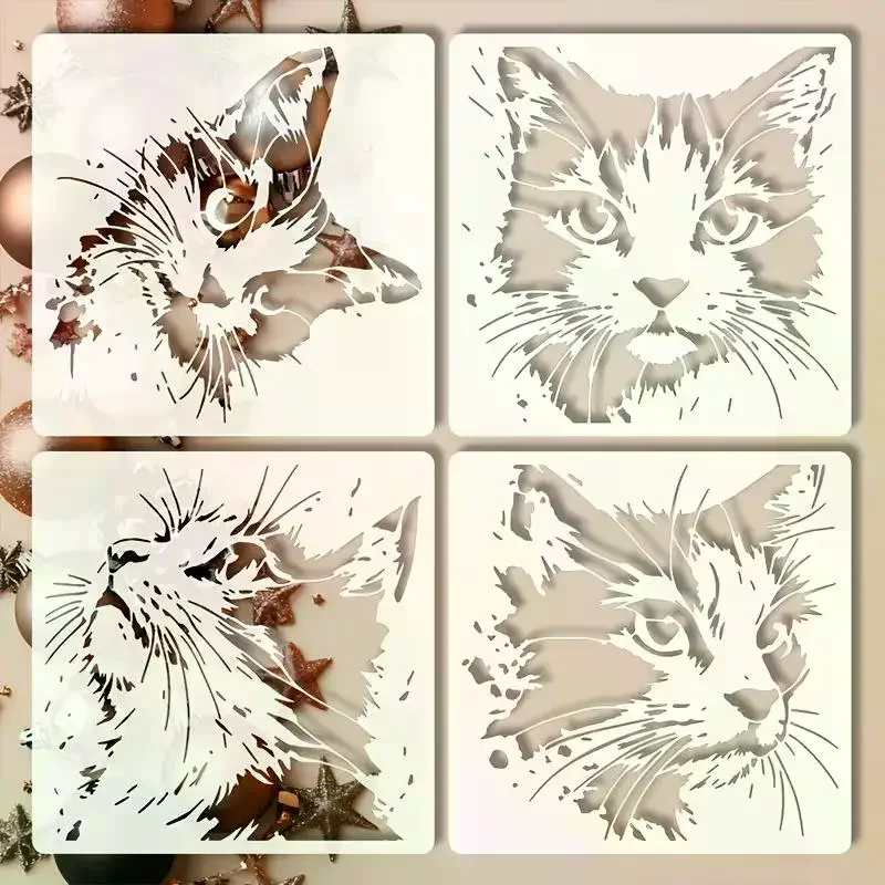 4Pcs/set Cat Painting Stencils, Reusable Hollow DIY Molds With Cute Kitten Pattern, Suitable For Wooden Signs, Walls, Journals