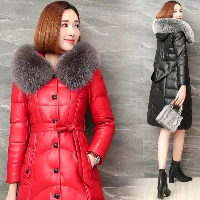 2022 Black Leather Fur Overcoat Women Imitation Fox Fur Collar Long Fashion Hooded Coats PU Leather Cotton Coat Belt Outerwear