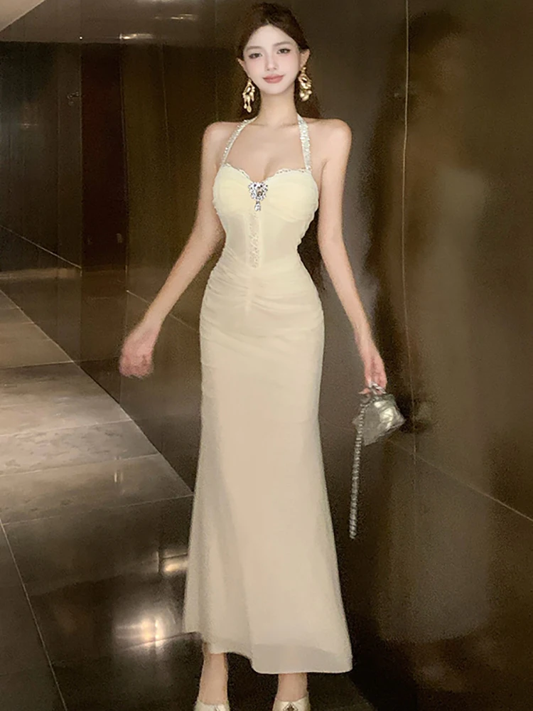 

Summer White Dimaonds Lace Sqaure Collar Sexy Sling Dress Women Elegant Luxury Mesh Long Dress 2025 Korean Vintage Evening Dress