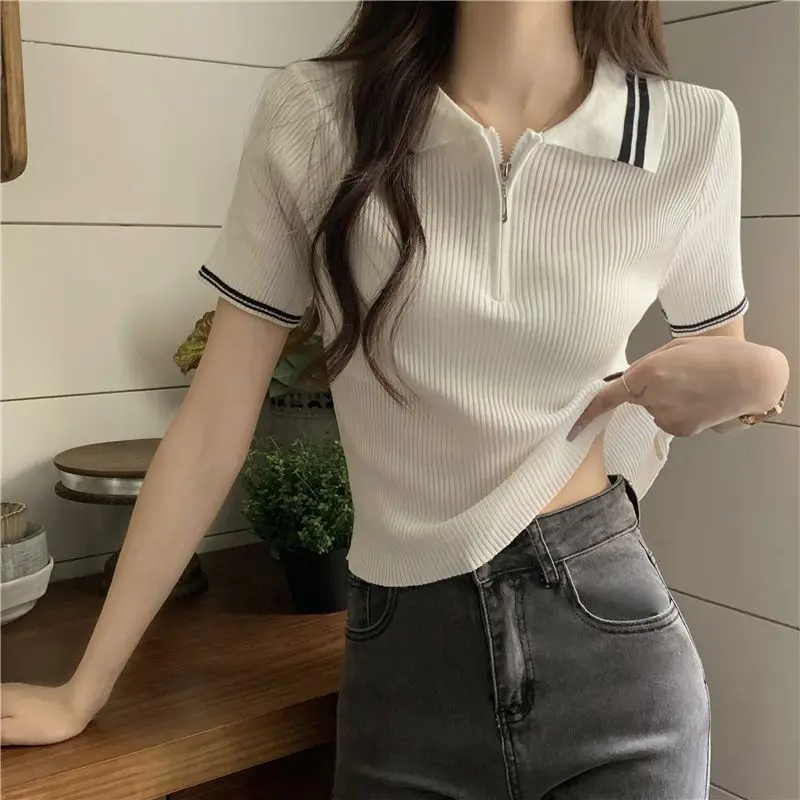 Harajuku Ice Silk Knit Short-sleeved T-shirt Knit Shirt New Slim Short Tees Polo Shirt Top Korean College Kawaii Women Clothing
